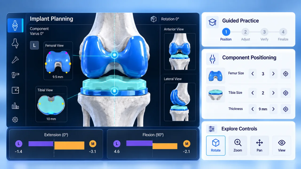 A Monarch implant planning practice screen, with femoral and tibial components, guided practice steps and positioning controls